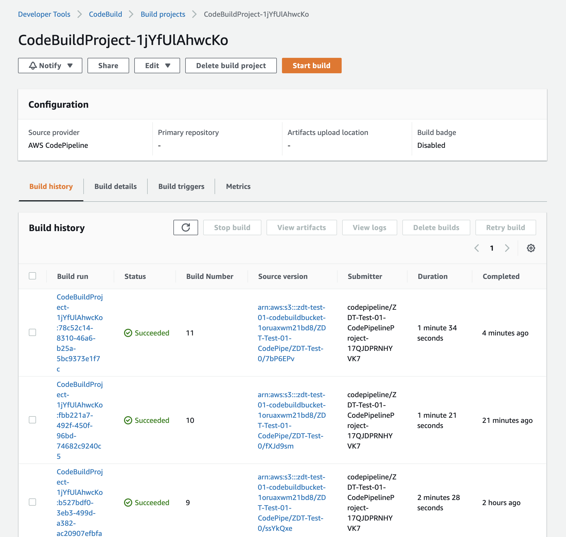 AWS CodeBuild dashboard of demo application