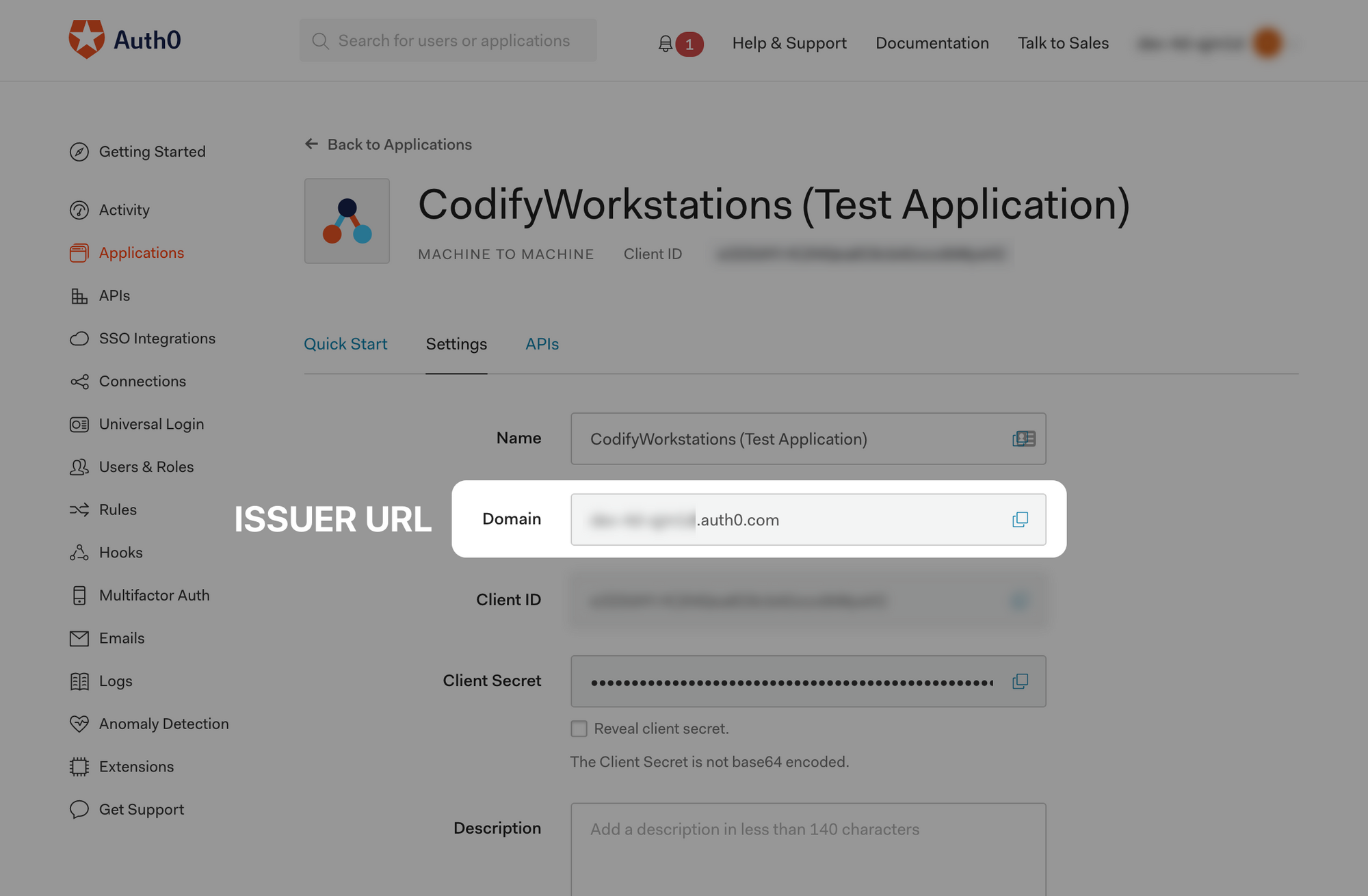 Auth0 Machine to Machine Test Application Details